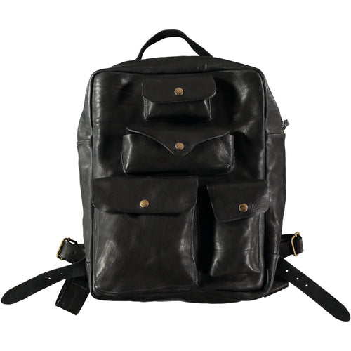 Large black multi-pocketed Italian-style leather backpack. Handmade leather products made in Barcelona, Spain by a family-owned company for over 35 years