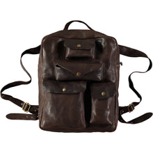 Load image into Gallery viewer, Large chocolate multi-pocketed Italian-style leather backpack. Handmade leather products made in Barcelona, Spain by a family-owned company for over 35 years
