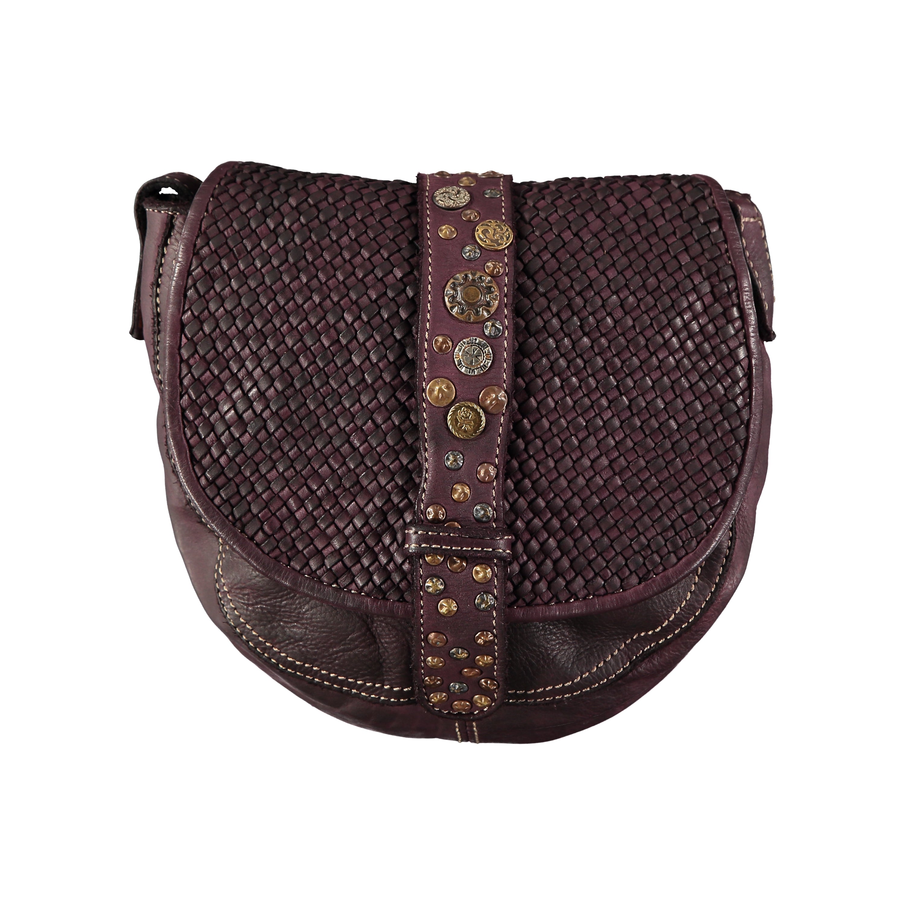 Small wine multi-color rivet-stamped oblong crossbody bag with braided leather flap and adjustable crossbody strap. Handmade leather products made in Barcelona, Spain by a family-owned company for over 35 years