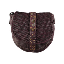 Load image into Gallery viewer, Small wine multi-color rivet-stamped oblong crossbody bag with braided leather flap and adjustable crossbody strap. Handmade leather products made in Barcelona, Spain by a family-owned company for over 35 years
