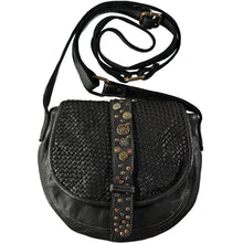 Load image into Gallery viewer, Small black multi-color rivet-stamped oblong crossbody bag with braided leather flap and adjustable crossbody strap. Handmade leather products made in Barcelona, Spain by a family-owned company for over 35 years
