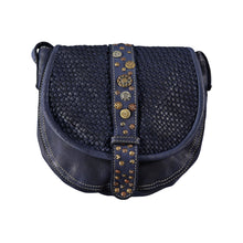 Load image into Gallery viewer, Small navy blue multi-color rivet-stamped oblong crossbody bag with braided leather flap and adjustable crossbody strap. Handmade leather products made in Barcelona, Spain by a family-owned company for over 35 years
