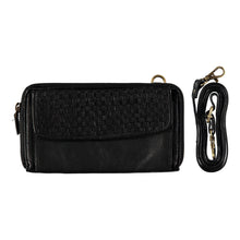 Load image into Gallery viewer, Small black rectangular carrying pouch with braided-flap pocket and adjustable crossbody strap. Handmade leather products made in Barcelona, Spain by a family-owned company for over 35 years
