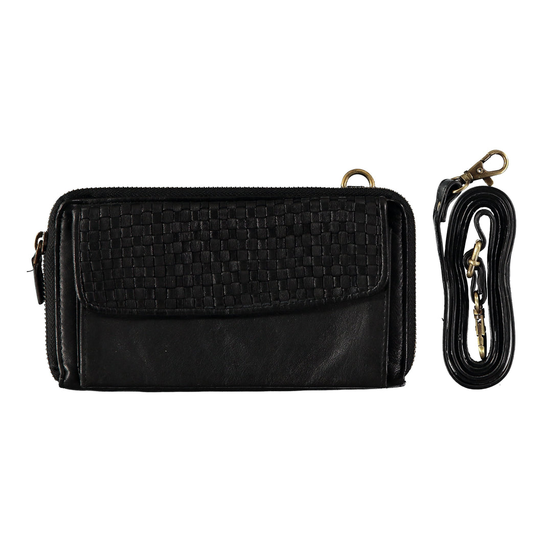 Small black rectangular carrying pouch with braided-flap pocket and adjustable crossbody strap. Handmade leather products made in Barcelona, Spain by a family-owned company for over 35 years