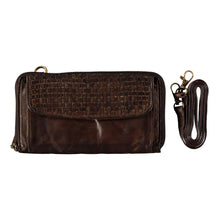 Load image into Gallery viewer, Small chocolate/dark brown rectangular carrying pouch with braided-flap pocket and adjustable crossbody strap. Handmade leather products made in Barcelona, Spain by a family-owned company for over 35 years
