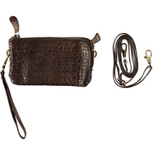 Load image into Gallery viewer, Small chocolate braided leather pouch with wristlet and crossbody strap. Handmade leather products made in Barcelona, Spain by a family-owned company for over 35 years
