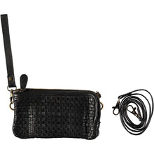 Load image into Gallery viewer, Small black braided leather pouch with wristlet and crossbody strap. Handmade leather products made in Barcelona, Spain by a family-owned company for over 35 years
