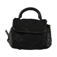 Load image into Gallery viewer, Small black braided-leather chic handbag with handle and crossbody strap. Handmade leather products made in Barcelona, Spain by a family-owned company for over 35 years
