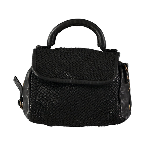 Small black braided-leather chic handbag with handle and crossbody strap. Handmade leather products made in Barcelona, Spain by a family-owned company for over 35 years