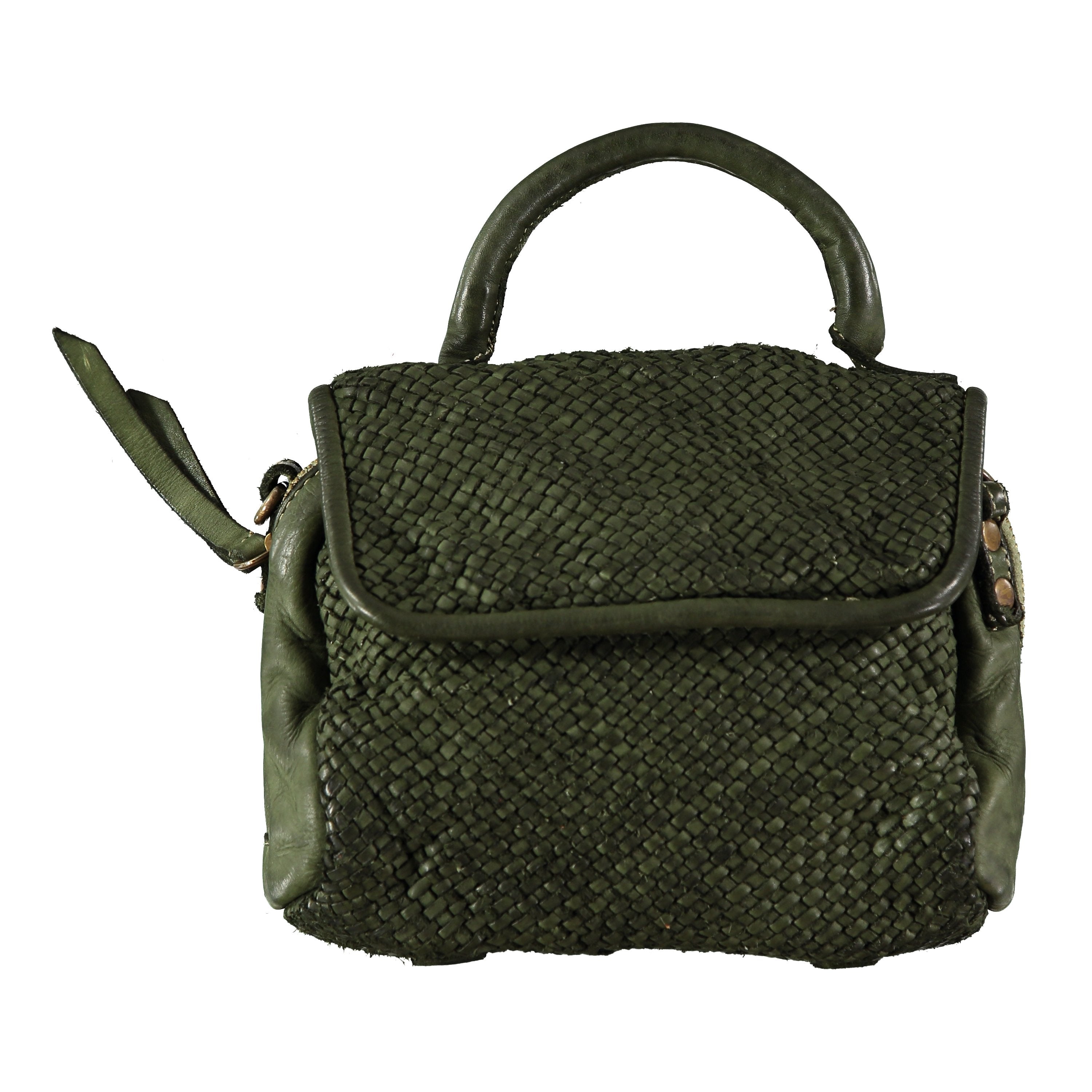 Small army green braided-leather chic handbag with handle and crossbody strap. Handmade leather products made in Barcelona, Spain by a family-owned company for over 35 years