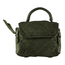 Load image into Gallery viewer, Small army green braided-leather chic handbag with handle and crossbody strap. Handmade leather products made in Barcelona, Spain by a family-owned company for over 35 years
