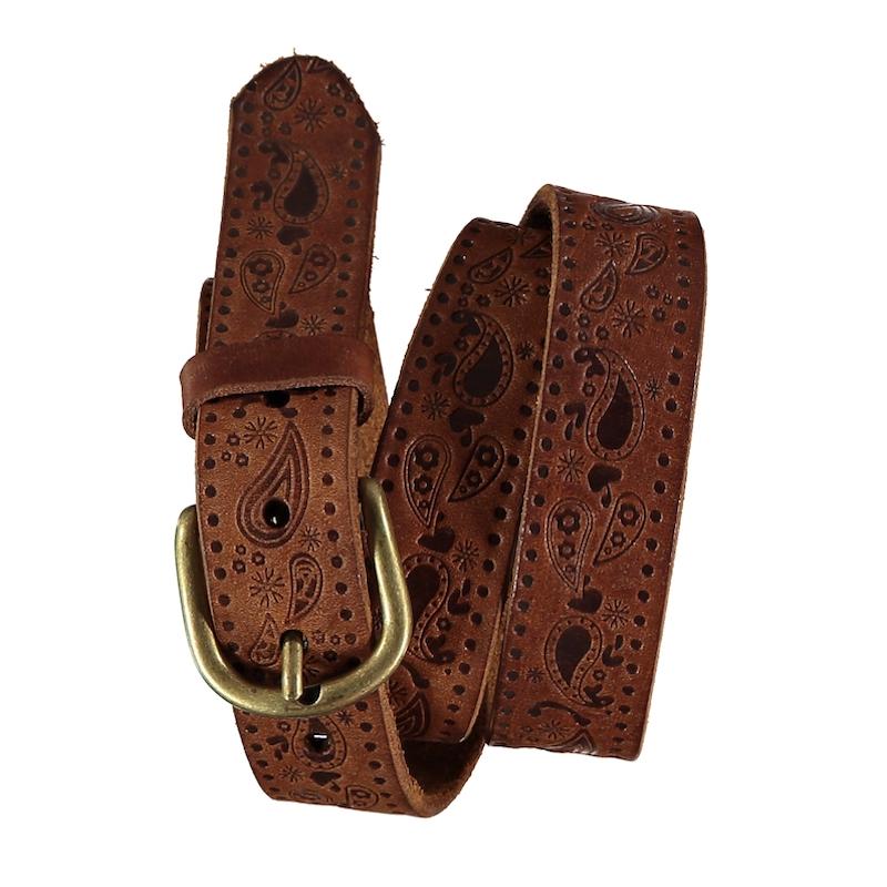 Paisley-Pattern Engraved Brown Leather Belt