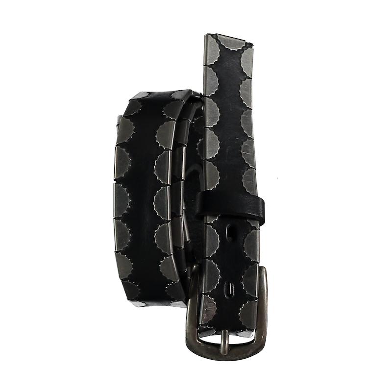 Futuristic Space-Age Metal-Trimmed Black Leather Belt