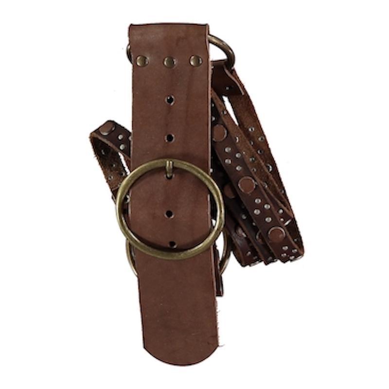 100% cow leather - Brown color - Detail of thinner strips with studs and rivets applied - Bronze-color metal circle-buckle closure - Width: 5 cm  Handmade in Barcelona, Spain || Hecho en Barcelona, España