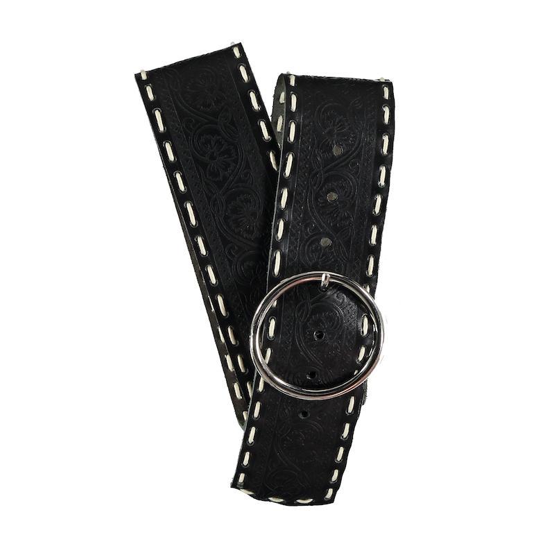 Wide Black Circle-Buckle Engraved Leather Belt