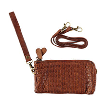 Load image into Gallery viewer, Small brown braided leather pouch with wristlet and crossbody strap. Handmade leather products made in Barcelona, Spain by a family-owned company for over 35 years
