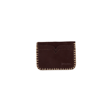 Load image into Gallery viewer, Small dark brown braided cardholder with multiple card compartments. Hand-stitched edges and RE-CUIR stamp. Handmade leather products made in Barcelona, Spain by a family-owned company for over 35 years
