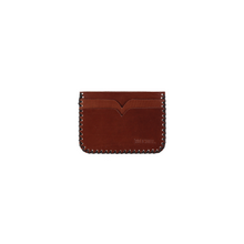 Load image into Gallery viewer, Small burgundy braided cardholder with multiple card compartments. Hand-stitched edges and RE-CUIR stamp. Handmade leather products made in Barcelona, Spain by a family-owned company for over 35 years
