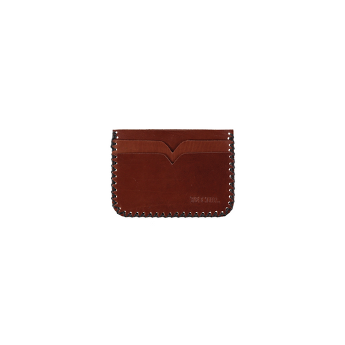 Small burgundy braided cardholder with multiple card compartments. Hand-stitched edges and RE-CUIR stamp. Handmade leather products made in Barcelona, Spain by a family-owned company for over 35 years