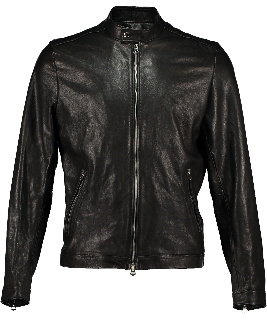 Men's Banded-Collar Moto Racer Leather Jacket