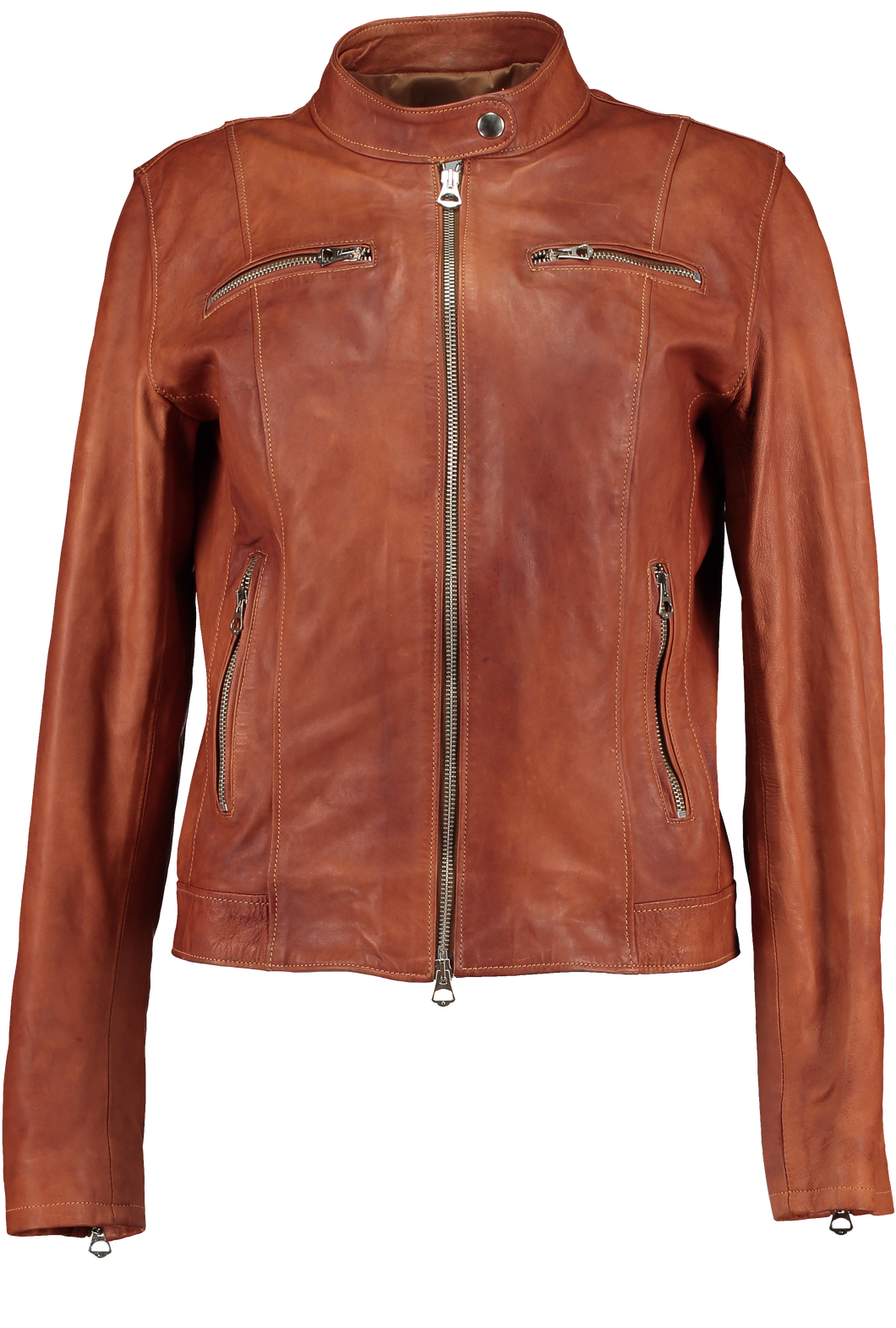 Women's Banded-Collar Moto Racer Leather Jacket